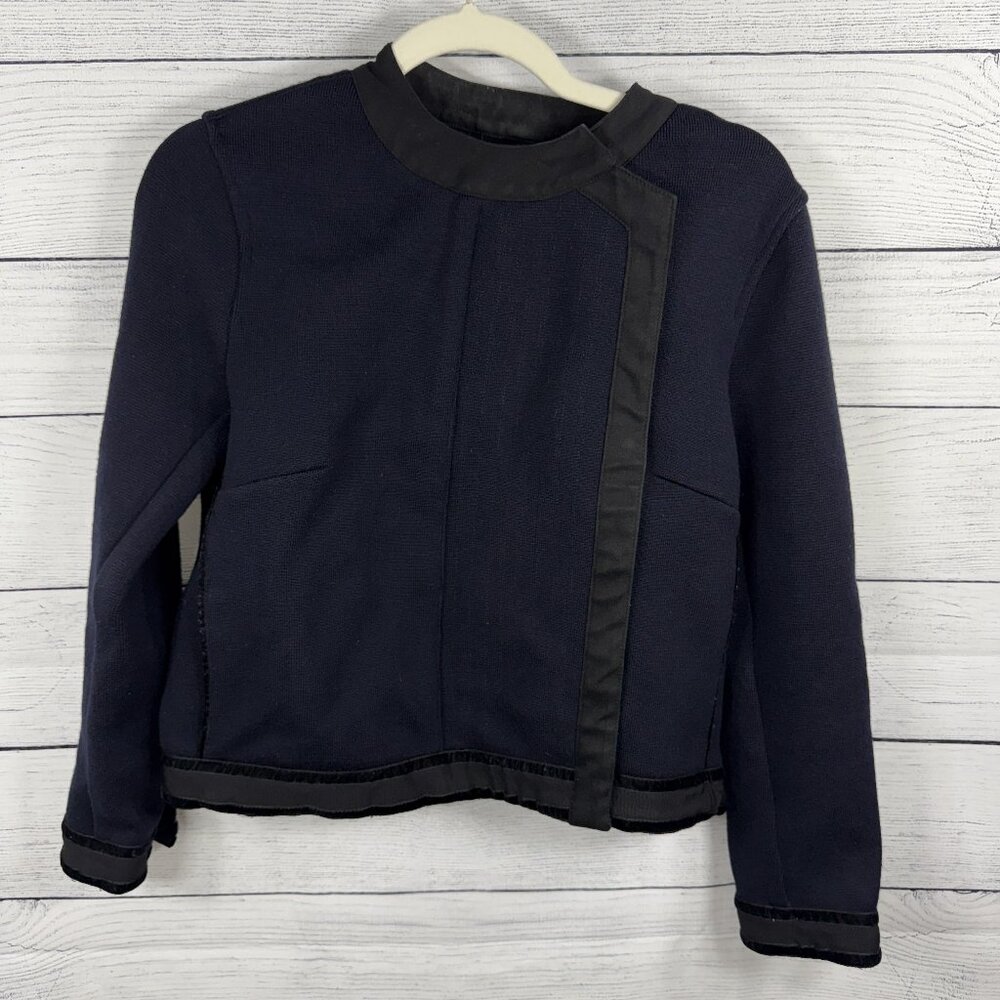 Zara Biker Navy Blue with Black Trim Military Jacket Merino Wool Size S